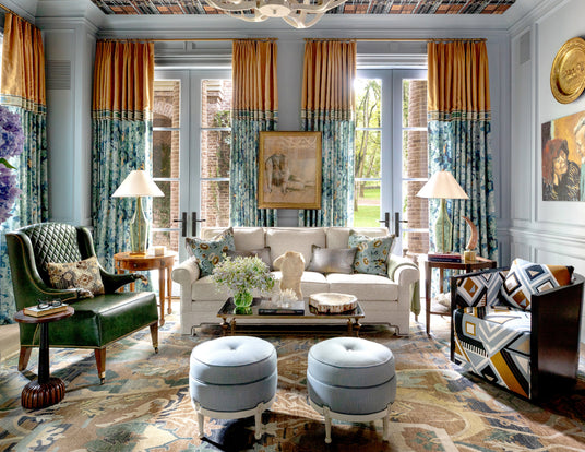 Professionally designed living room featuring Hancock & Moore upholstery, Maitland-Smith furniture, custom artworks, and custom draperies as might appear in a Bucks County or Lehigh Valley Home.